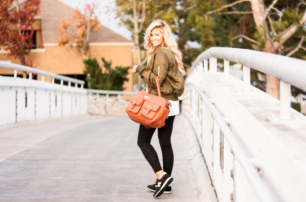 meg marie wallace green bomber jacket w/brown lily jade bag